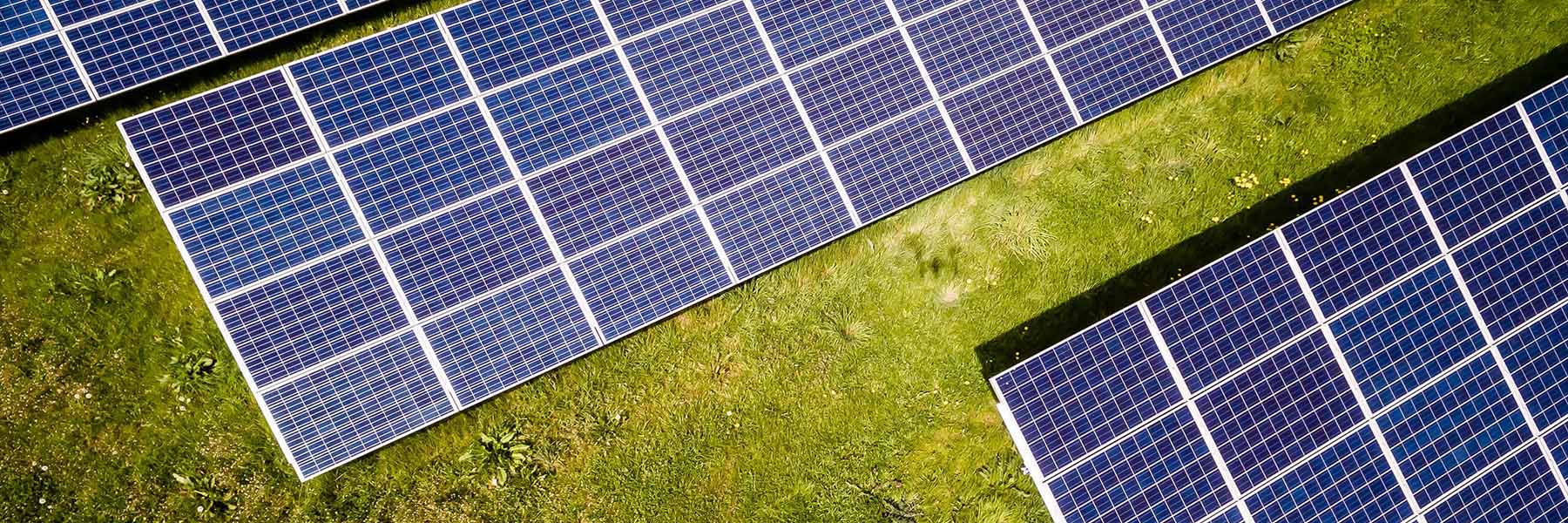 Top-down view of solar panels on a grassy field. Photo by Andreas Gücklhorn on Unsplash.