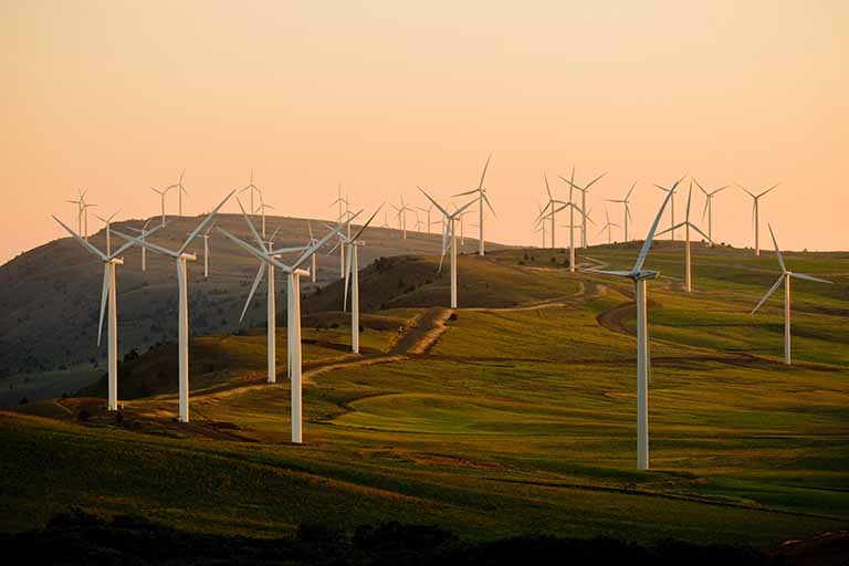Wind farm at dusk. Photo by American Public Power Association on Unsplash.